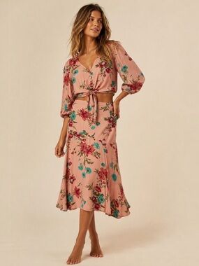 Joyfolie Mia Joy Floral 2 Piece Skirt Set Small Boho Tie Front Blouse Midi Skirt